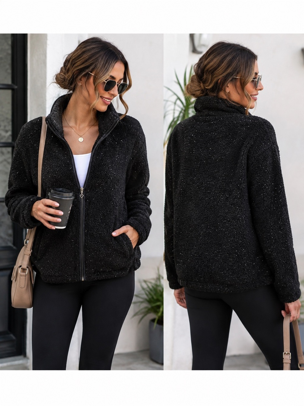 Skechers Black with Silver Sherpa Cozy Preppy Zip-Up Jacket SZ L
